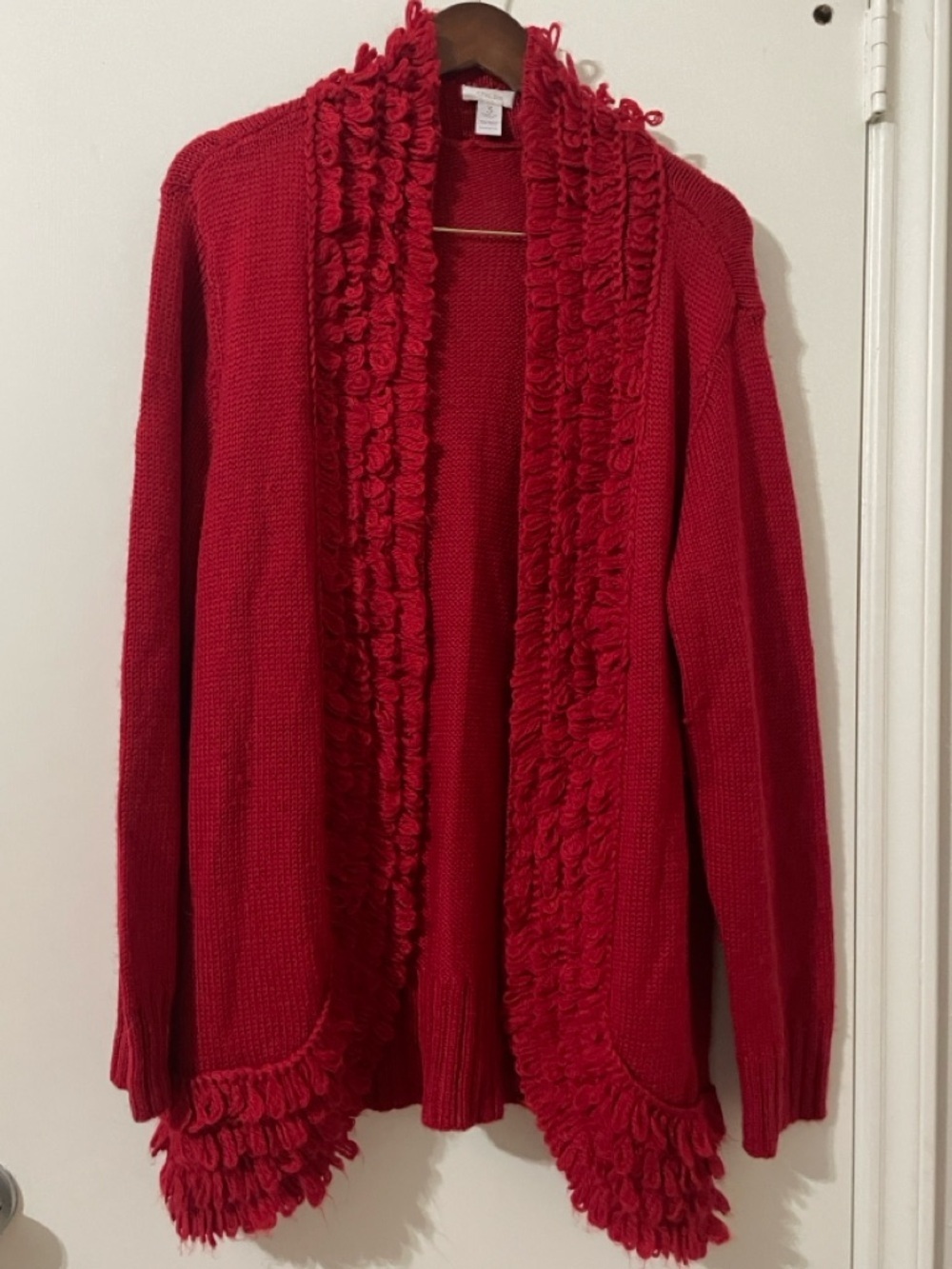 Chico’s Red Loop Fringe Trim Open Front Cardigan Sweater Size 3 (XL)